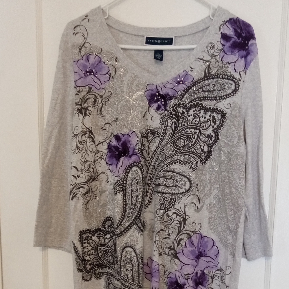 Karen Scott Graphic Embellished Tunic Blouse in Purple and Gray
